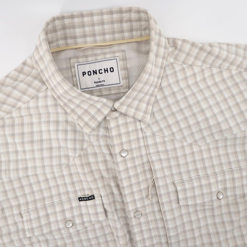Poncho Western Snap Performance Shirt Tan Gingham Long Sleeve Mens Large